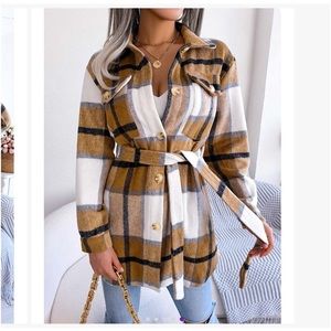 Khaki & White Plaid Tie-waist Shacket